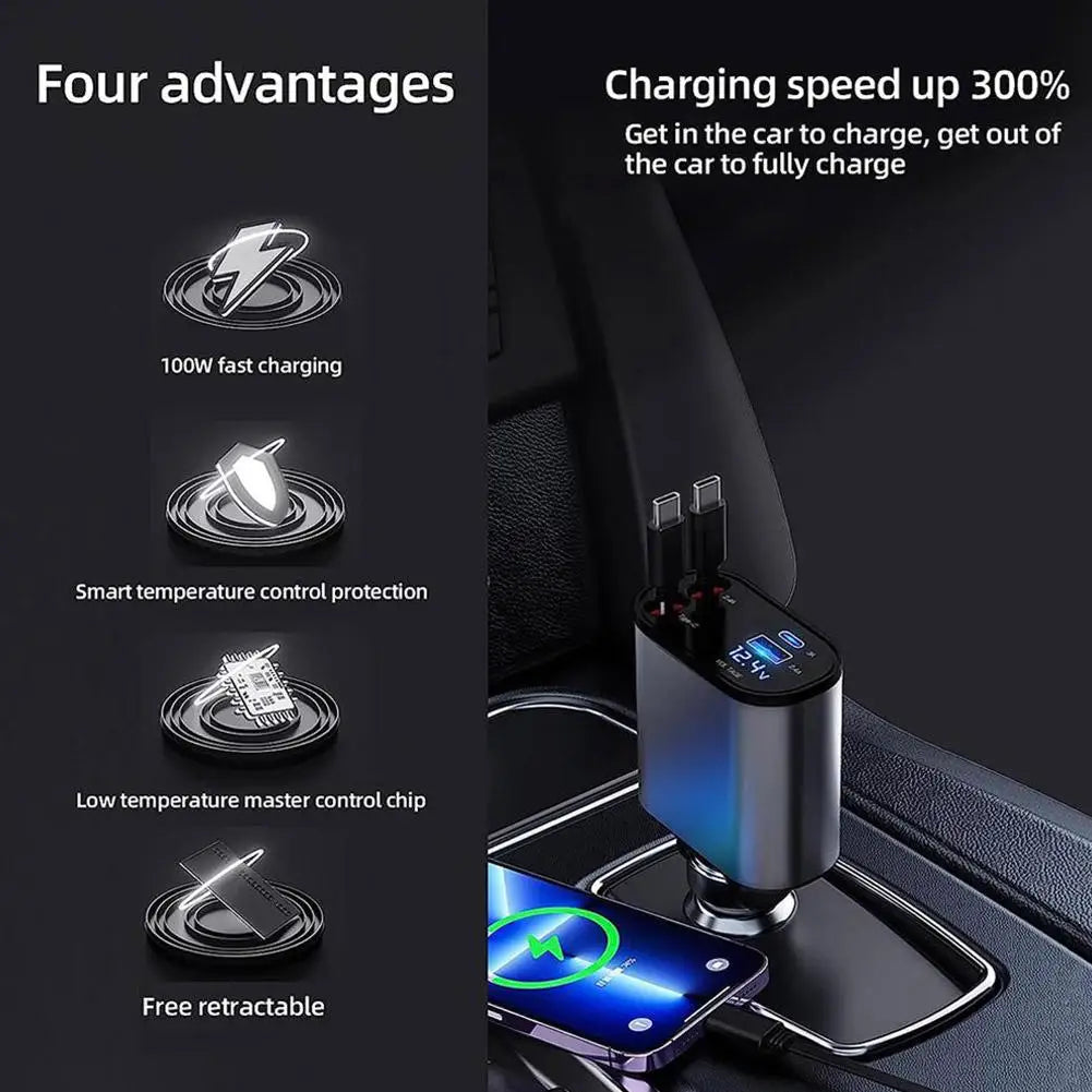 Retractable Car Charger - 4 in 1 with 100W